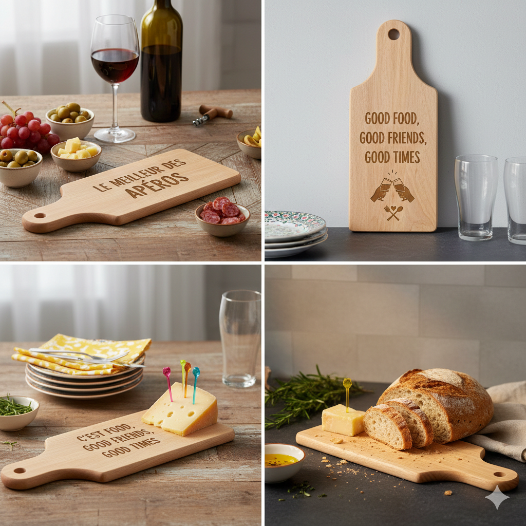 Planche apéro personnalisée avec manche – Bois gravé 31x15